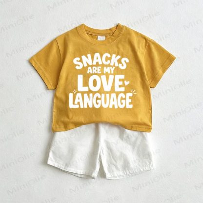 SNACKS ARE MY LOVE LANGUAGE Baby Slogan Tee and Shorts 2-Piece Set - Yellow&White - 3-5T - image 1