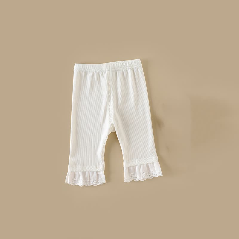 Baby Toddler Girls Beige Ribbed Lace Ruffle Hem Leggings - Beige - 3-4T - image 2