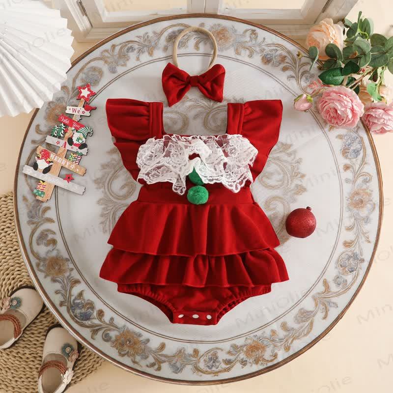Baby Girl Velvet Lace Ruffle PompomBodysuit - Red - 12-18M - image 3
