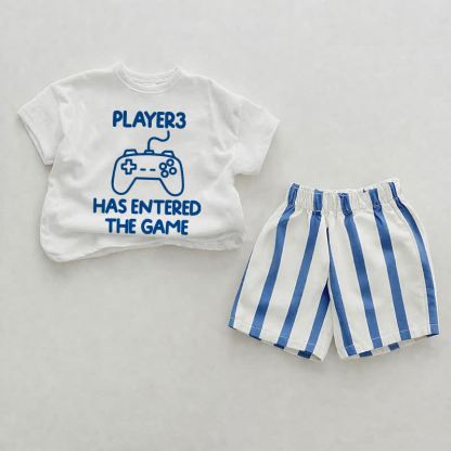 PLAYER3 HAS ENTERED THE GAME Baby White&Blue Vertical Striped 2-piece Shorts Set - White - 2-3T - image 1
