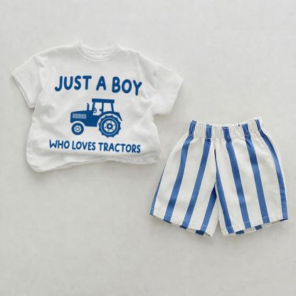 JUST A BOY WHO LOVES TRACTORS Baby White&Blue Vertical Striped 2-piece Shorts Set - White - 2-3T - image 1