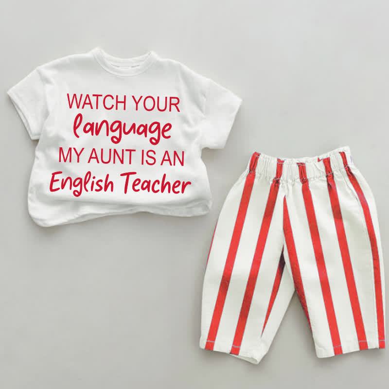 WATCH YOUR LANGUAGE MY AUNT IS AN ENGLISH TEACHER Baby Red Vertical Striped 2-piece Set - White&Red - 4-5T - image 1