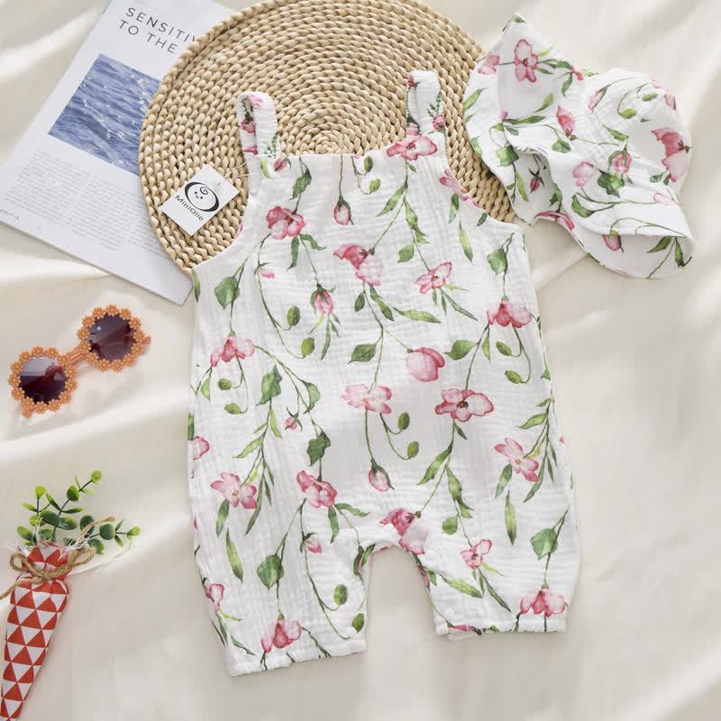 Baby Girl White Flower Print Romper with Hat - image 3