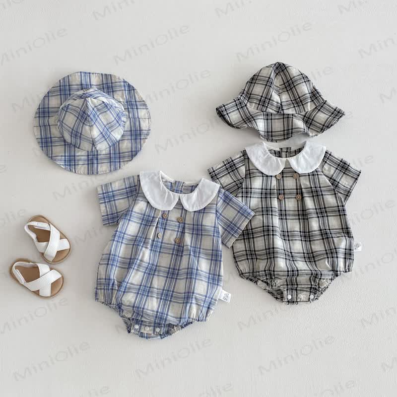 Baby Gingham Peter Pan Collar Bodysuit with Hat - image 1