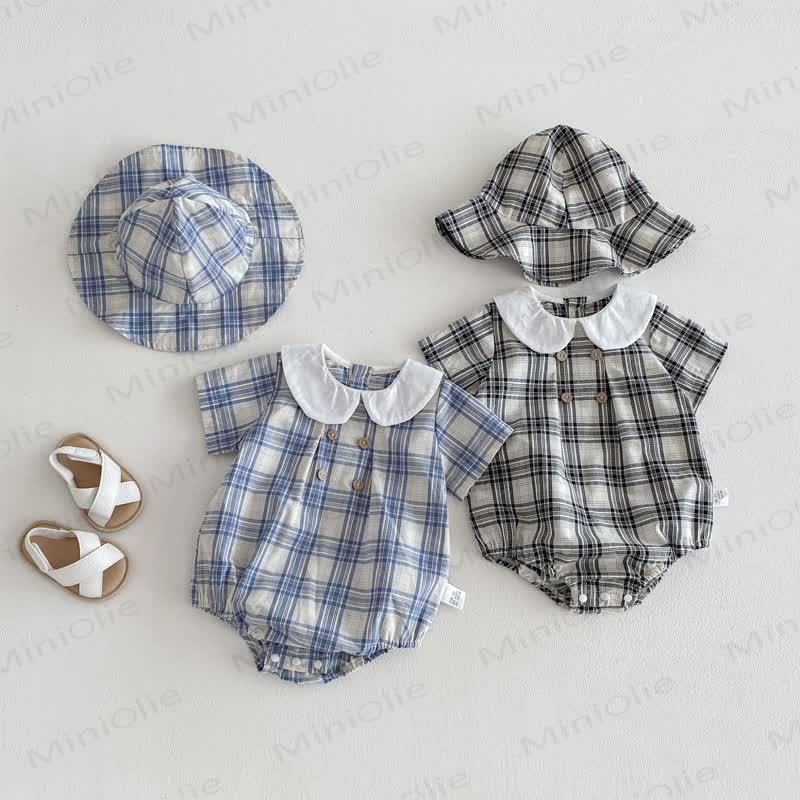 Baby Gingham Peter Pan Collar Bodysuit with Hat - image 1