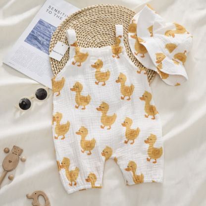 Baby Duck Print White Romper with Hat - image 2