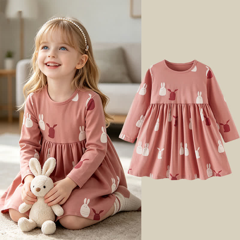 Toddler Girl Pink Bunny Print Long Sleeve Dress - image 1