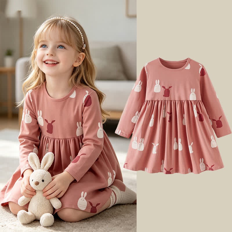 Toddler Girl Pink Bunny Print Long Sleeve Dress - image 1