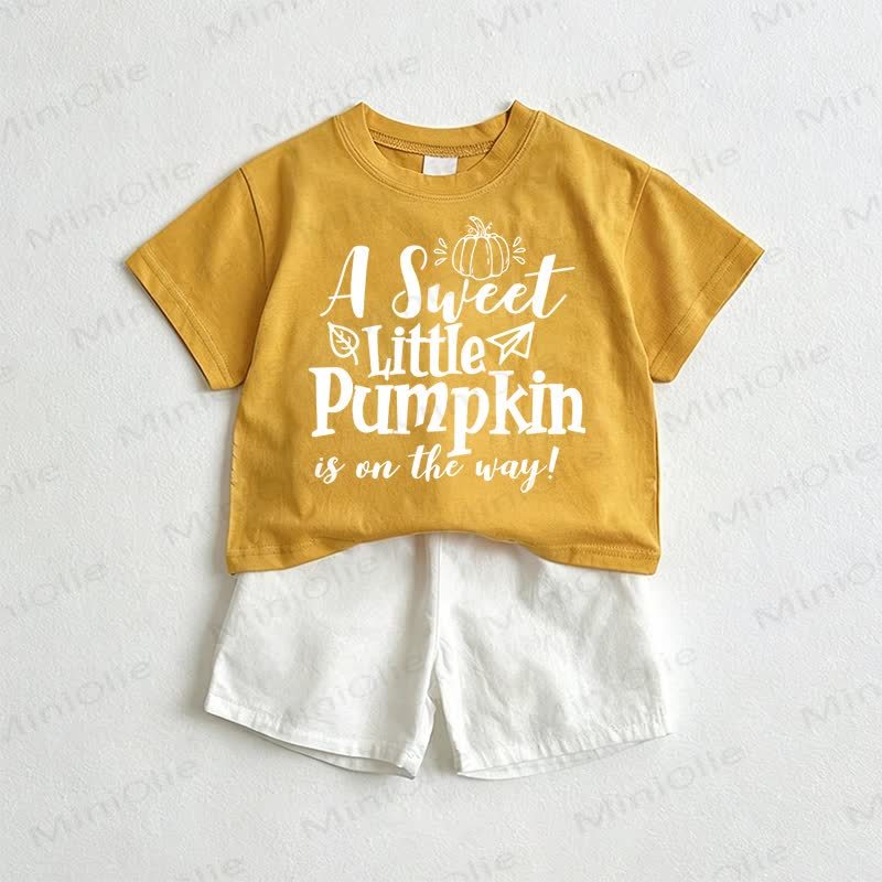 A SWEET LITTLE PUMPKIN IS ON THE WAY! Baby Tee and Shorts 2-Piece Set - Yellow&White - 3-5T - image 1