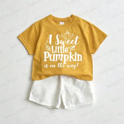 A SWEET LITTLE PUMPKIN IS ON THE WAY! Baby Tee and Shorts 2-Piece Set - Yellow&White - 3-5T - image 1