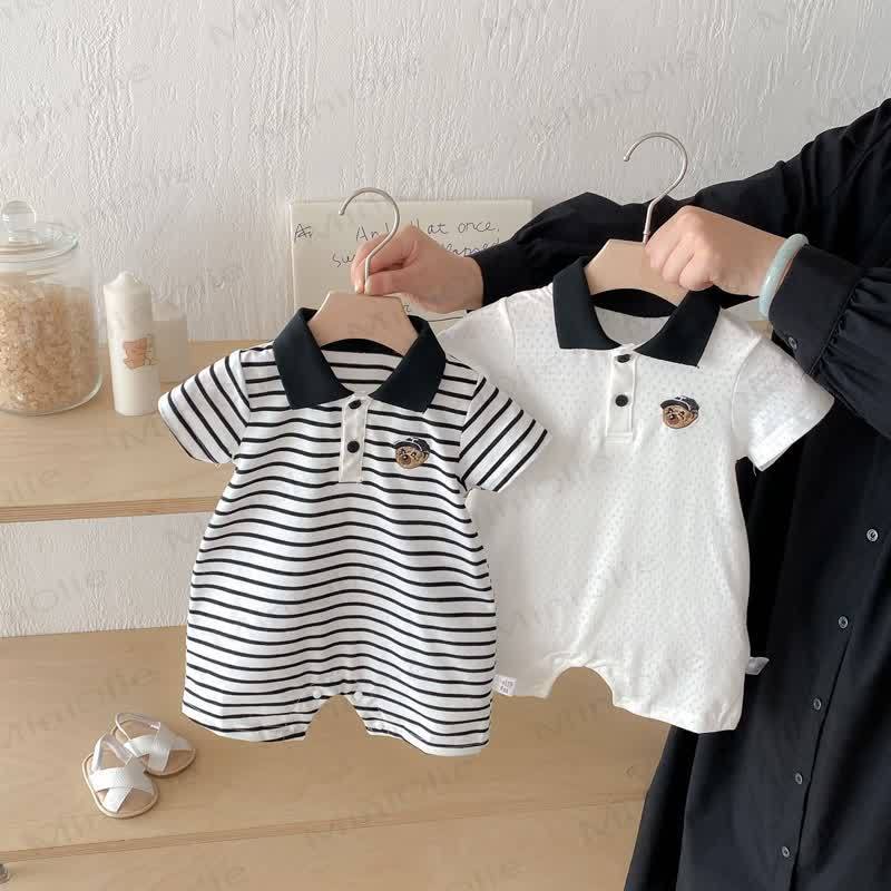 Baby Polo Collar Bear Striped Romper - image 1