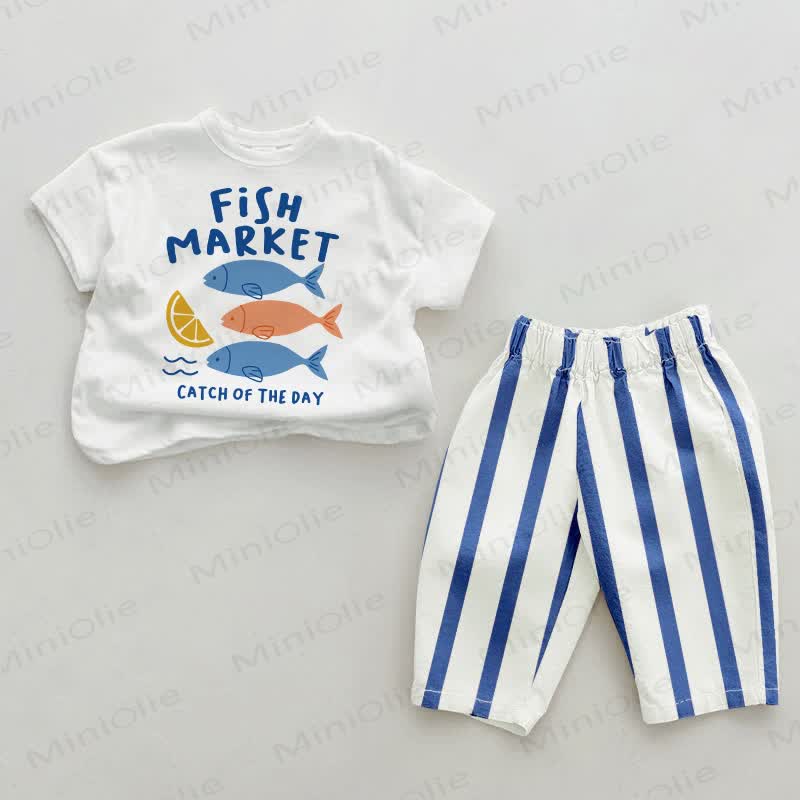 FISH MARKET CATCH OF THE DAY Baby Blue Vertical Striped 2-piece Set - White&Blue - 2-3T - image 1