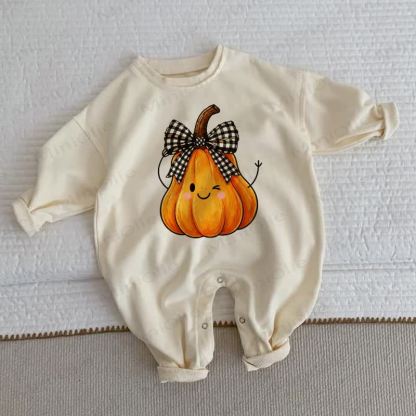 Baby Pumpkin Bow Print Beige Romper - Beige - 2-3T - image 1