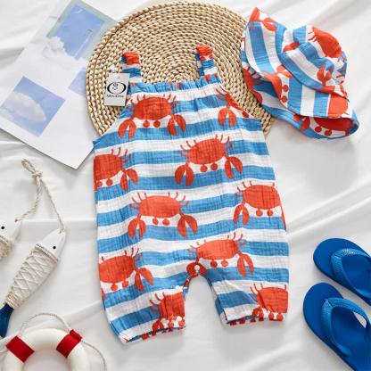 Baby Blue Striped Crab Romper with Hat - image 2