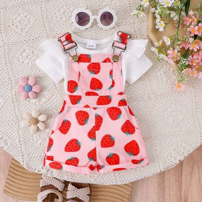 Baby Toddler Floral Print Onesie and Overalls 2-piece Set - Pink Strawberry - 2-3Y - image 5