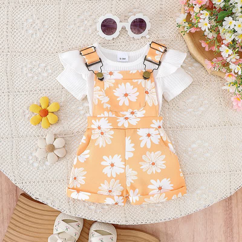 Baby Toddler Floral Print Onesie and Overalls 2-piece Set - Yellow - 2-3Y - image 8