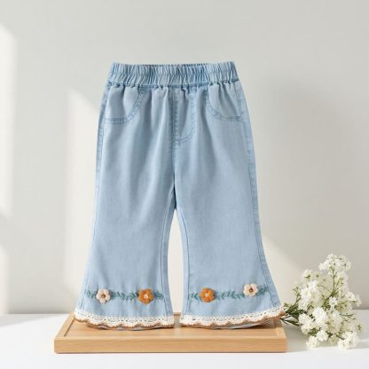 Toddler Girl Embroidered Lace Trim Denim Flare Pants - Blue - 8-9T - image 2