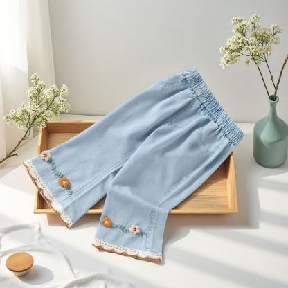 Toddler Girl Embroidered Lace Trim Denim Flare Pants - image 3