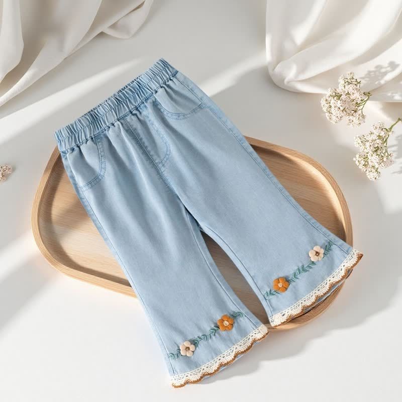 Toddler Girl Embroidered Lace Trim Denim Flare Pants - image 4