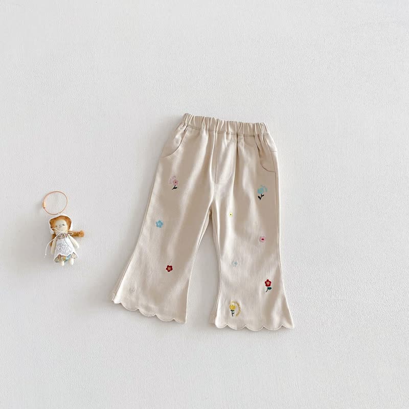 Baby Toddler Girl Floral Embroidered Scalloped Hem Pants - Beige - 4-5T - image 4