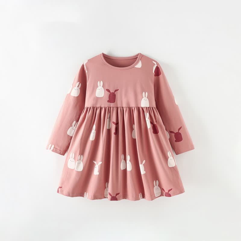 Toddler Girl Pink Bunny Print Long Sleeve Dress - Pink - 10-11T - image 2
