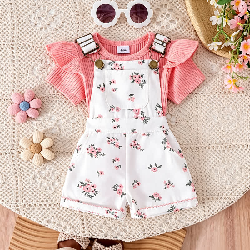Baby Toddler Floral Print Onesie and Overalls 2-piece Set - White Floral - 2-3Y - image 9