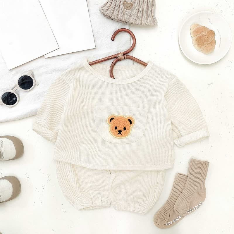 Baby Bear Pocket Waffle Top and Pants 2-piece Set - Beige - 2-3Y - image 3