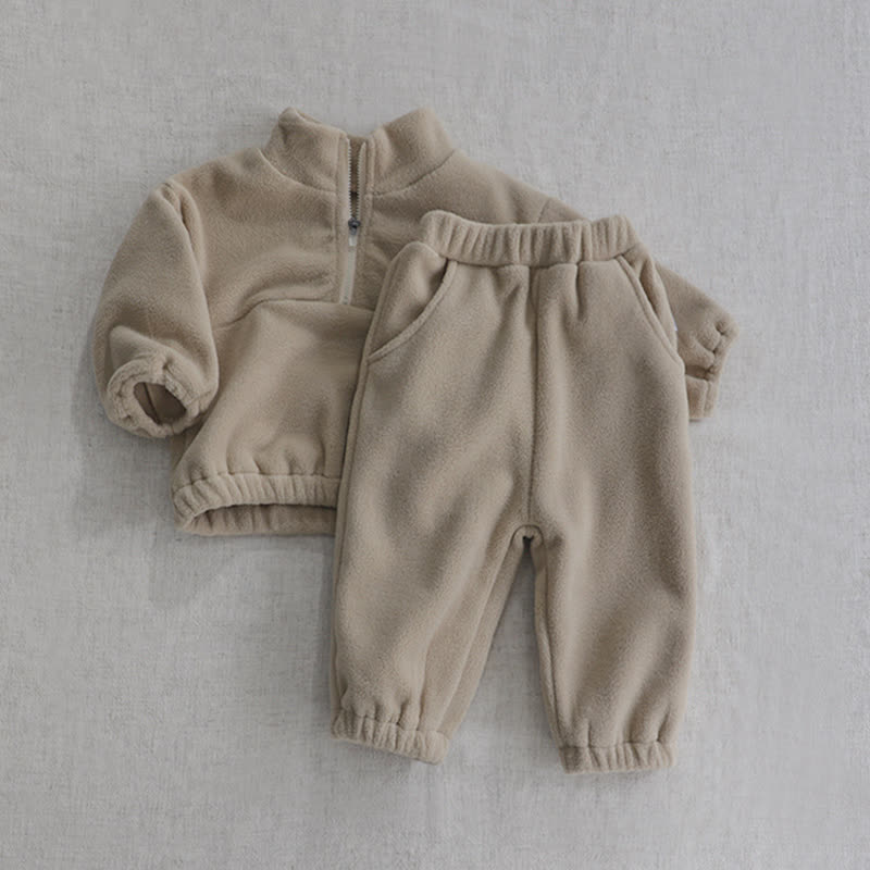 Toddler Baby Solid Color Half Zip Fleece Top and Pants 2-piece Set - Beige - 5-6Y - image 2