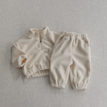 Toddler Baby Solid Color Half Zip Fleece Top and Pants 2-piece Set - Cream - 5-6Y - image 3