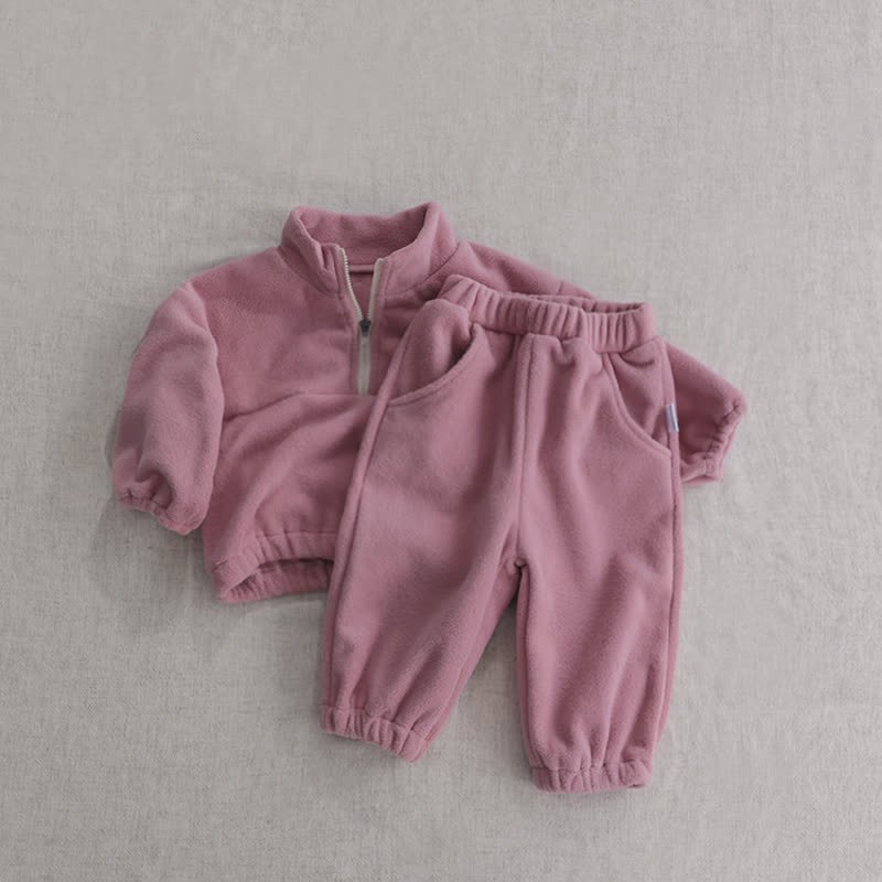 Toddler Baby Solid Color Half Zip Fleece Top and Pants 2-piece Set - Pink - 5-6Y - image 4