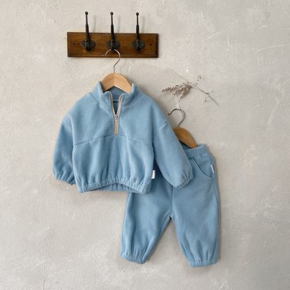 Toddler Baby Solid Color Half Zip Fleece Top and Pants 2-piece Set - Blue - 5-6Y - image 5