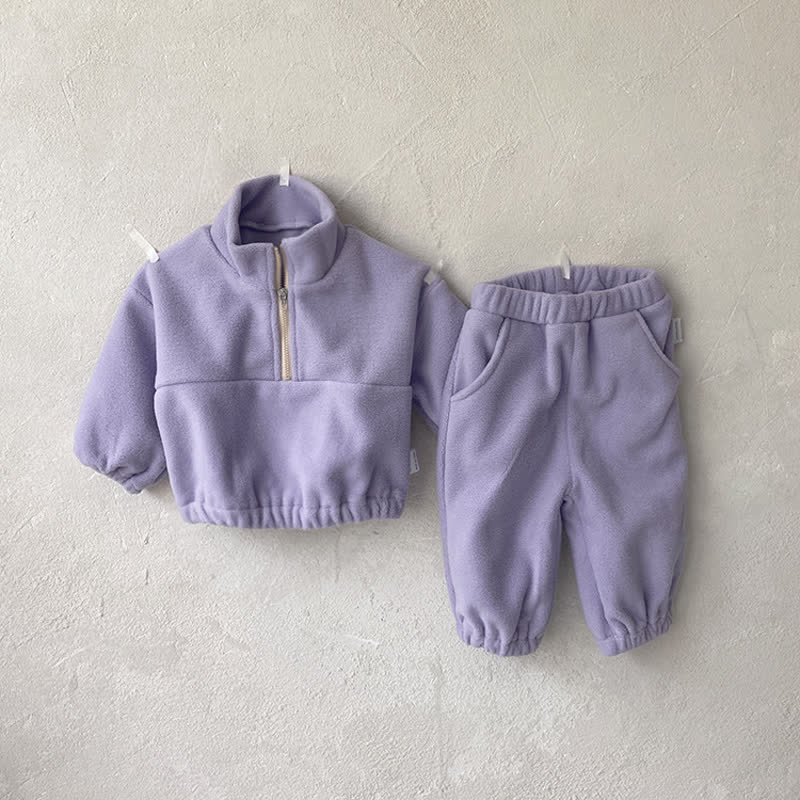 Toddler Baby Solid Color Half Zip Fleece Top and Pants 2-piece Set - Purple - 5-6Y - image 6