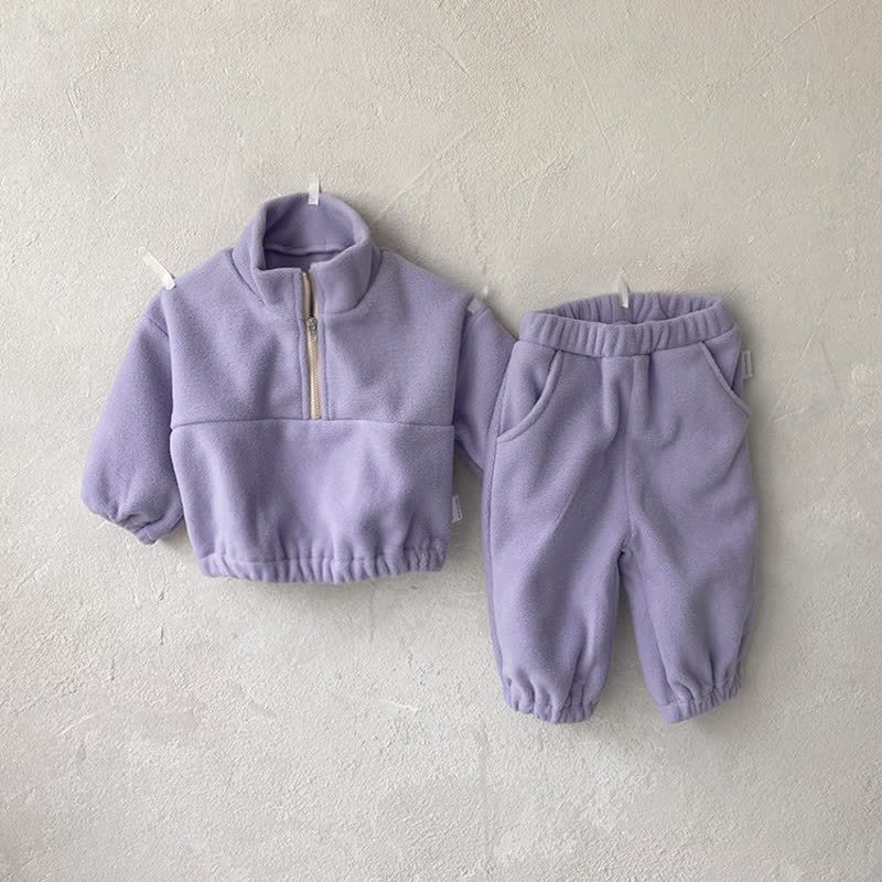 Toddler Baby Solid Color Half Zip Fleece Top and Pants 2-piece Set - Purple - 5-6Y - image 6