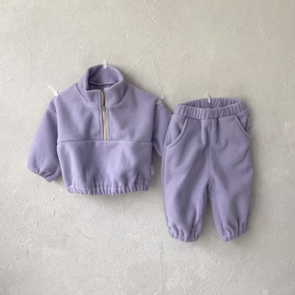 Toddler Baby Solid Color Half Zip Fleece Top and Pants 2-piece Set - Purple - 5-6Y - image 6