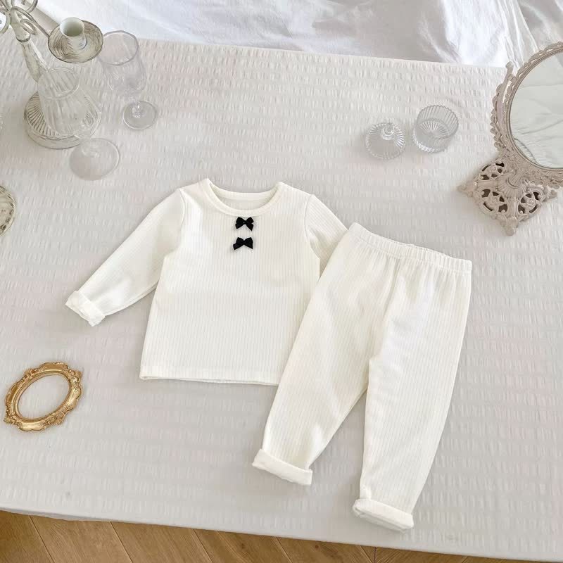 Baby Girl Bow Ribbed Long Sleeve Lounge Top and Pants 2-piece Set - White - 6-7T - image 2