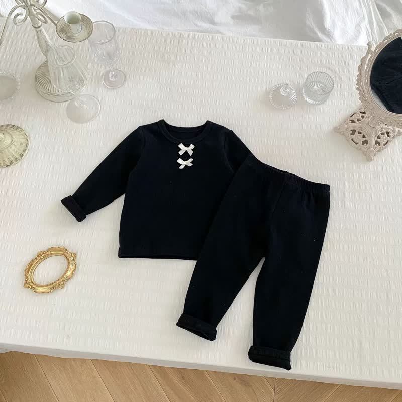 Baby Girl Bow Ribbed Long Sleeve Lounge Top and Pants 2-piece Set - Black - 6-7T - image 3