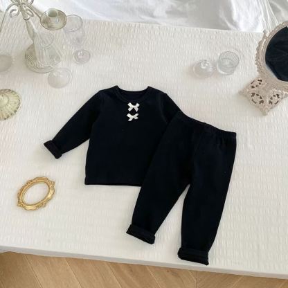 Baby Girl Bow Ribbed Long Sleeve Lounge Top and Pants 2-piece Set - Black - 6-7T - image 3