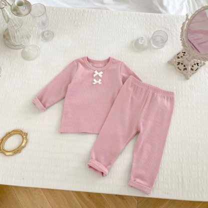 Baby Girl Bow Ribbed Long Sleeve Lounge Top and Pants 2-piece Set - Pink - 6-7T - image 4