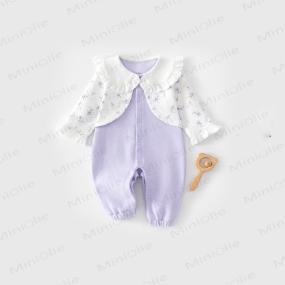 Baby Floral Ruffle Collar Waffle Long Sleeve Romper - Purple - 18-24M - image 1