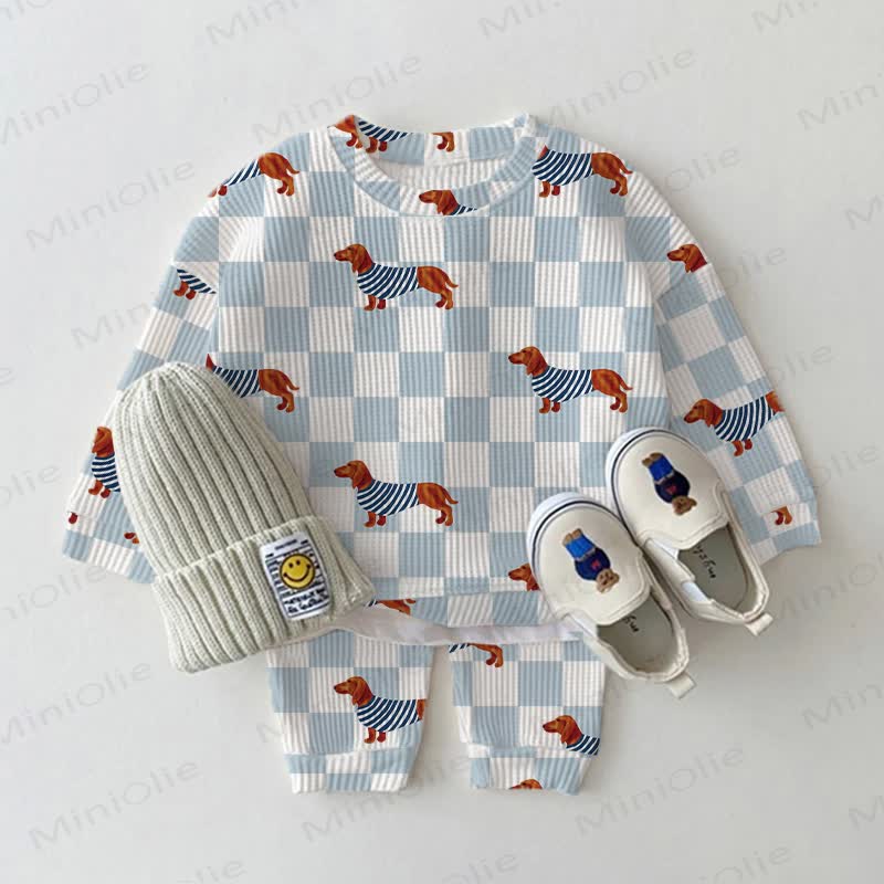 Baby Daschund Checkered Print Waffle 2-piece Set - White - 2-3T - image 1