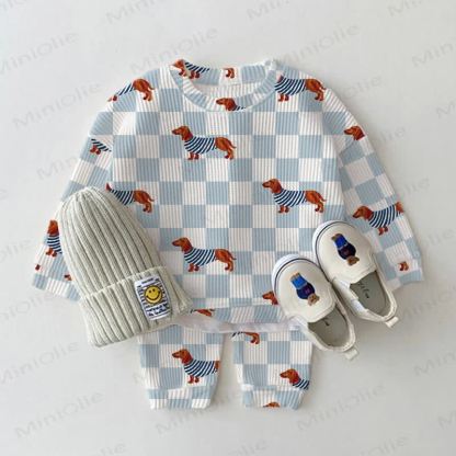 Baby Daschund Checkered Print Waffle 2-piece Set - White - 2-3T - image 1