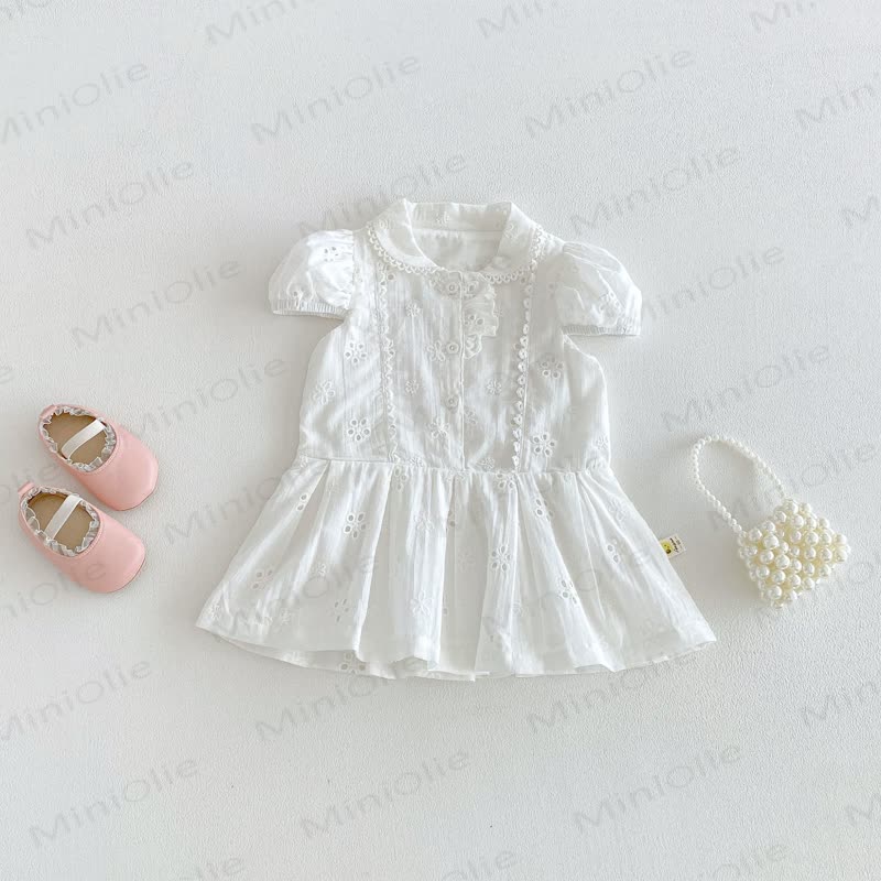 Baby Girl Vintage Hollow Puff Sleeve Dress - White - 4-5T - image 1
