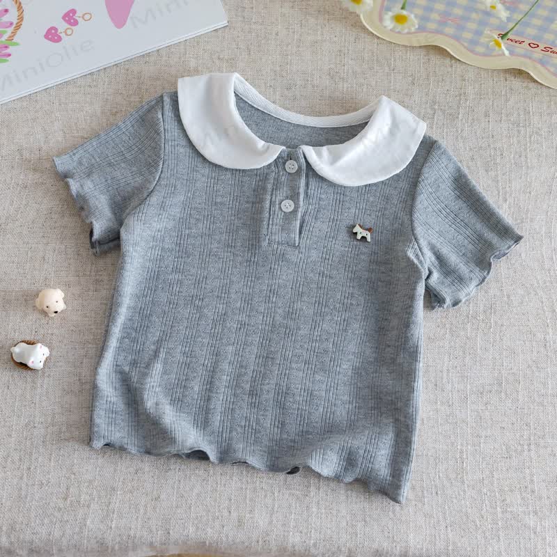 Toddler Ribbed Peter Pan Collar Short Sleeve T-Shirt - Gray - 6-7T - image 3