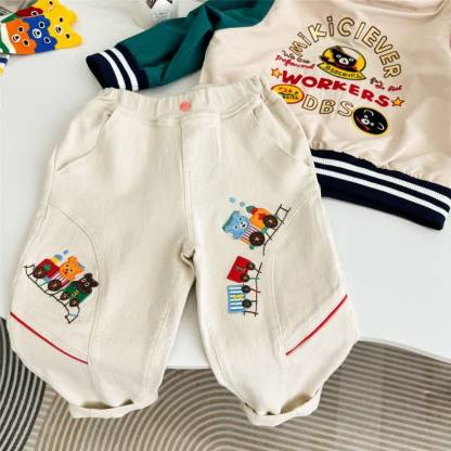Toddler Boys Beige Playful Train Patch Elastic Waist Pants - image 1