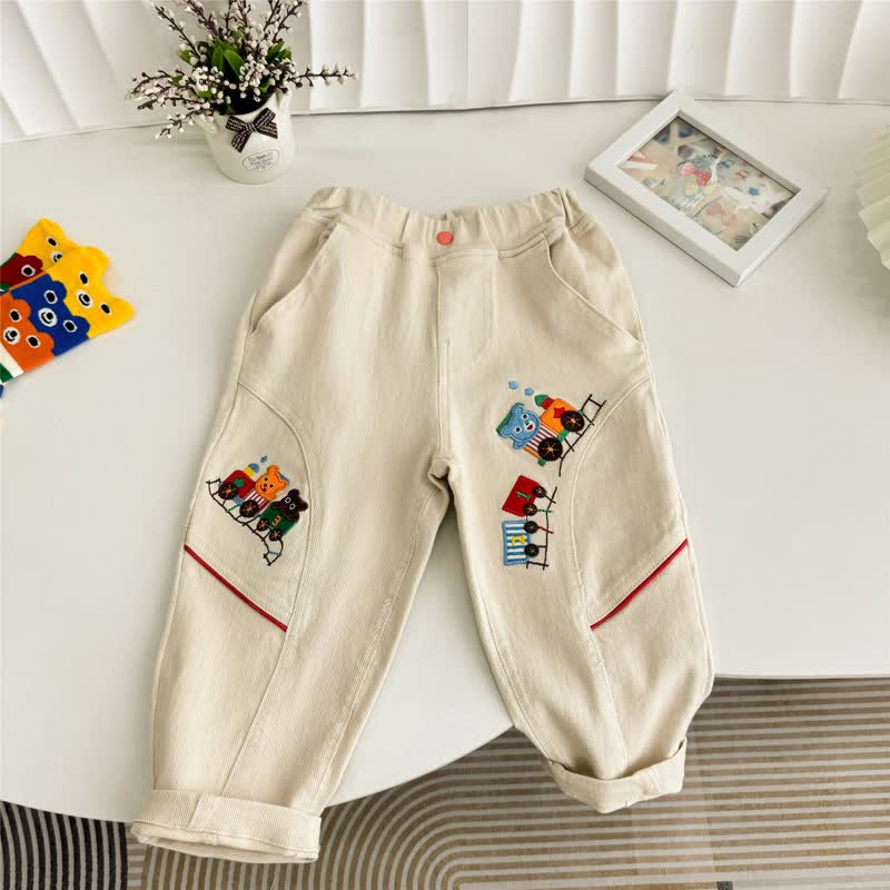 Toddler Boys Beige Playful Train Patch Elastic Waist Pants - Beige - 6-7T - image 2