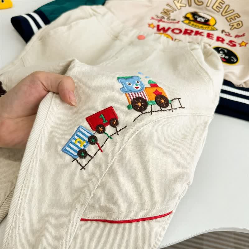 Toddler Boys Beige Playful Train Patch Elastic Waist Pants - image 4