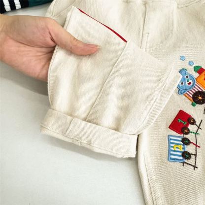 Toddler Boys Beige Playful Train Patch Elastic Waist Pants - image 6
