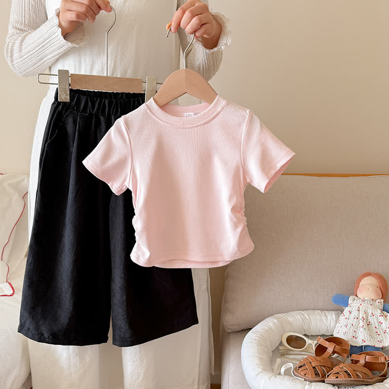 Toddler Kid Girls Ribbed Tee and Pants 2-piece Set - Pink&Black - 10-11T - image 2
