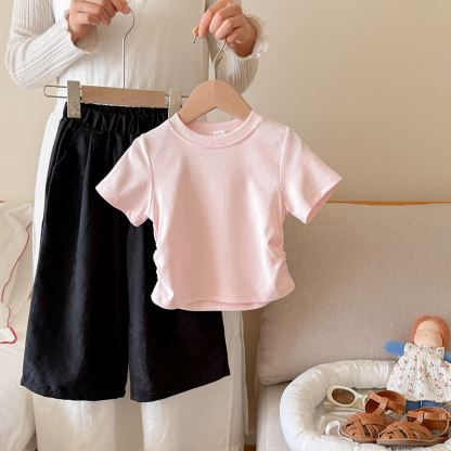 Toddler Kid Girls Ribbed Tee and Pants 2-piece Set - Pink&Black - 10-11T - image 2