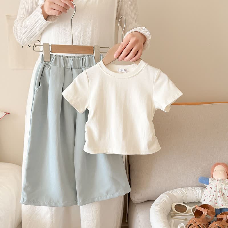 Toddler Kid Girls Ribbed Tee and Pants 2-piece Set - Beige&Blue - 10-11T - image 5
